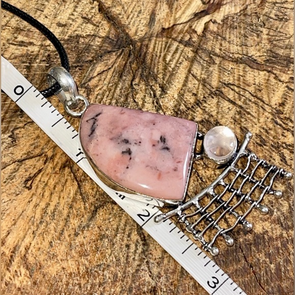 Pink Peruvian Opal & Clear Rose Quartz Pendant 2 7/8” - Picture 12 of 13